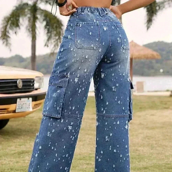 Blue Preppy Women's Ripped Workwear Pocket Denim Jeans - Picture 2 of 5